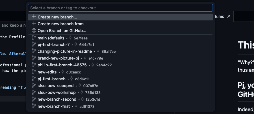 image of the dropdown menu that shows up in the web editor when you click main at the bottom.